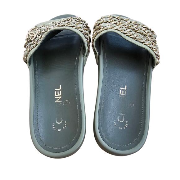 Chanel CC Chain Slide Flat Sandal Khaki Green Canvas Gold Logo 38 US 7 7.5 - Picture 3 of 10